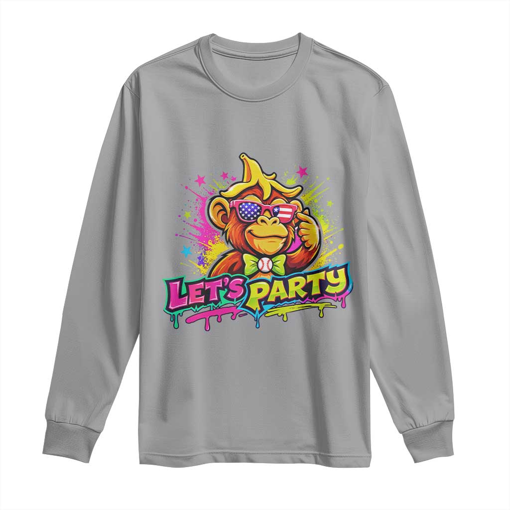 Lets Party Baseball Monkey Colorful Graphic Long Sleeve Shirt American Flag Game Day Fans Ball Party Vibes TS02 Sport Gray Print Your Wear
