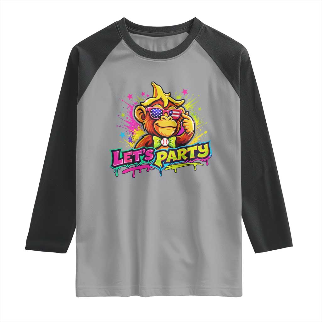 Lets Party Baseball Monkey Colorful Graphic Raglan Shirt American Flag Game Day Fans Ball Party Vibes TS02 Sport Gray Black Print Your Wear