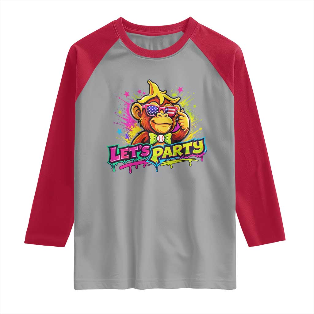 Lets Party Baseball Monkey Colorful Graphic Raglan Shirt American Flag Game Day Fans Ball Party Vibes TS02 Sport Gray Red Print Your Wear