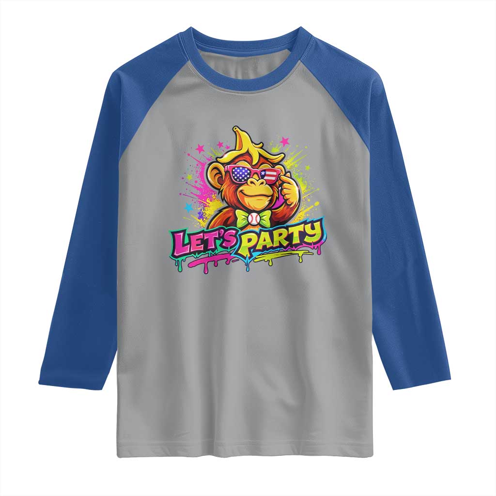 Lets Party Baseball Monkey Colorful Graphic Raglan Shirt American Flag Game Day Fans Ball Party Vibes TS02 Sport Gray Royal Print Your Wear