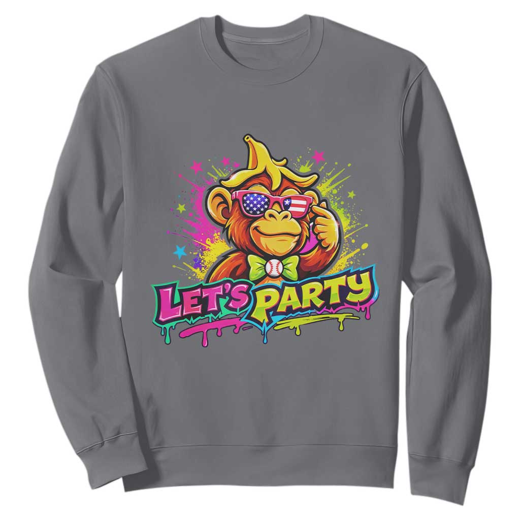 Lets Party Baseball Monkey Colorful Graphic Sweatshirt American Flag Game Day Fans Ball Party Vibes TS02 Charcoal Print Your Wear