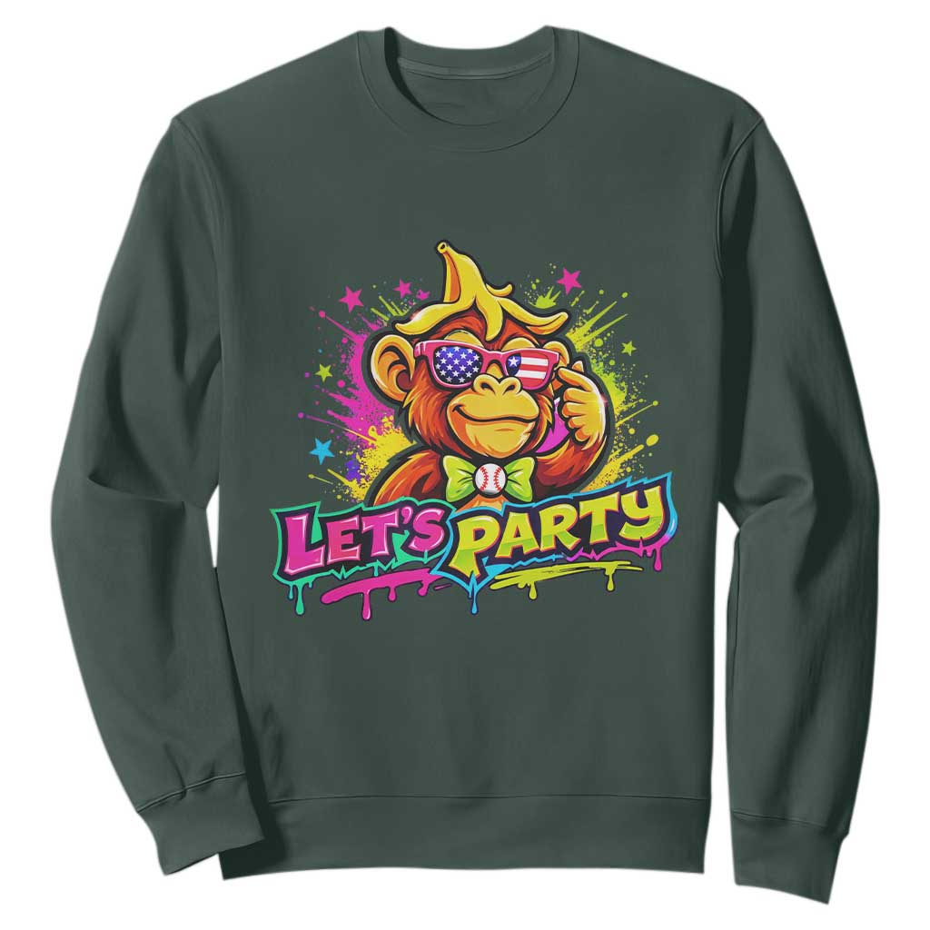 Lets Party Baseball Monkey Colorful Graphic Sweatshirt American Flag Game Day Fans Ball Party Vibes TS02 Dark Forest Green Print Your Wear