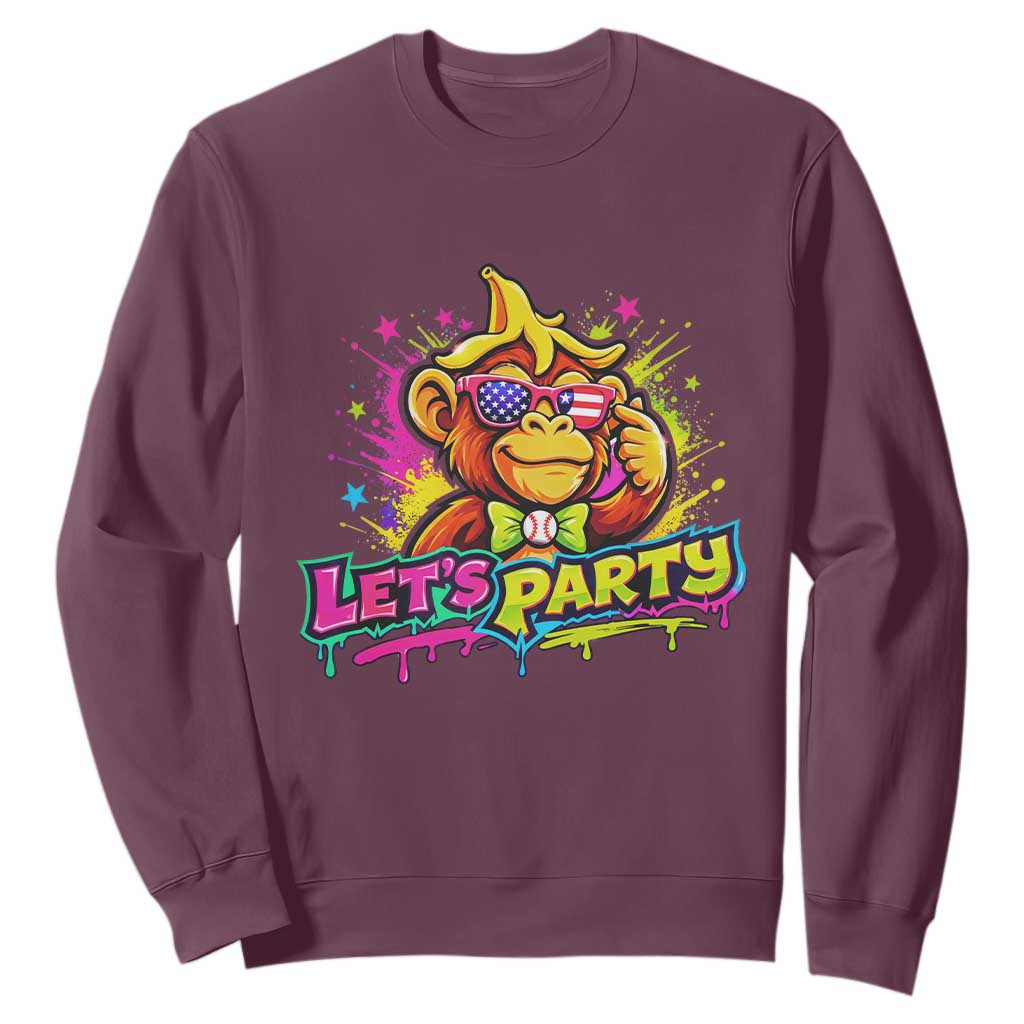 Lets Party Baseball Monkey Colorful Graphic Sweatshirt American Flag Game Day Fans Ball Party Vibes TS02 Maroon Print Your Wear