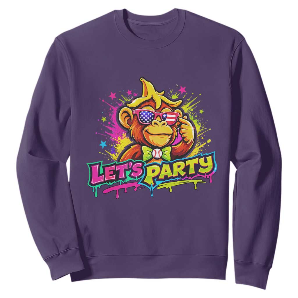 Lets Party Baseball Monkey Colorful Graphic Sweatshirt American Flag Game Day Fans Ball Party Vibes TS02 Purple Print Your Wear