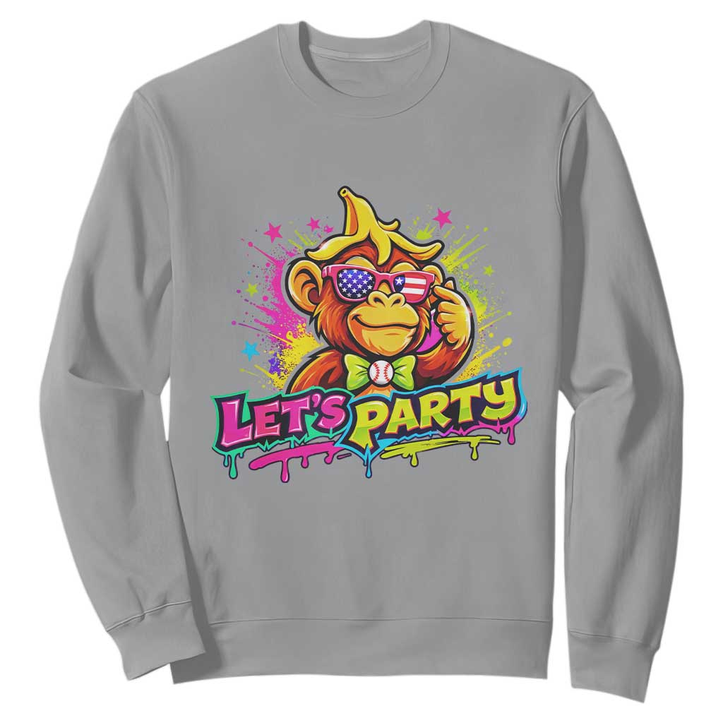 Lets Party Baseball Monkey Colorful Graphic Sweatshirt American Flag Game Day Fans Ball Party Vibes TS02 Sport Gray Print Your Wear