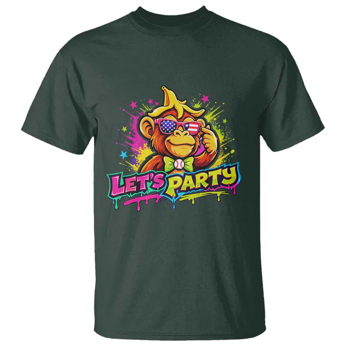 Lets Party Baseball Monkey Colorful Graphic T Shirt American Flag Game Day Fans Ball Party Vibes TS02 Dark Forest Green Print Your Wear