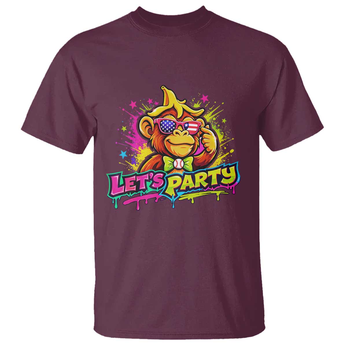 Lets Party Baseball Monkey Colorful Graphic T Shirt American Flag Game Day Fans Ball Party Vibes TS02 Maroon Print Your Wear