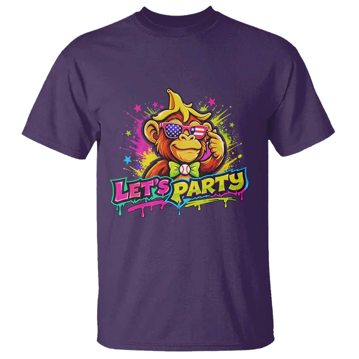 Lets Party Baseball Monkey Colorful Graphic T Shirt American Flag Game Day Fans Ball Party Vibes TS02 Purple Print Your Wear