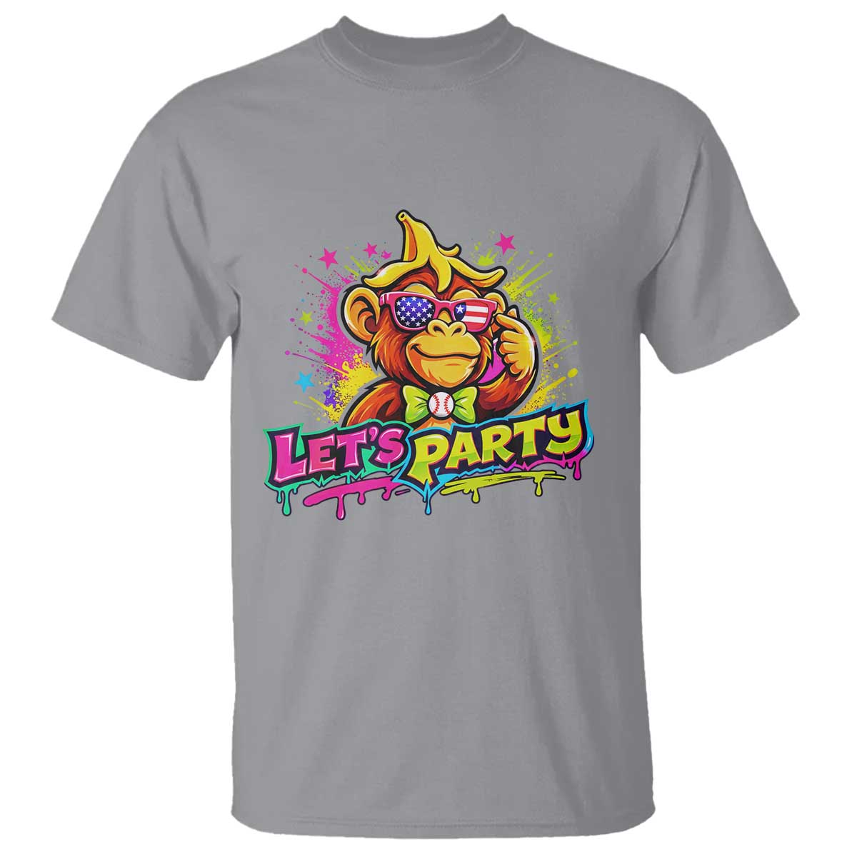 Lets Party Baseball Monkey Colorful Graphic T Shirt American Flag Game Day Fans Ball Party Vibes TS02 Sport Gray Print Your Wear