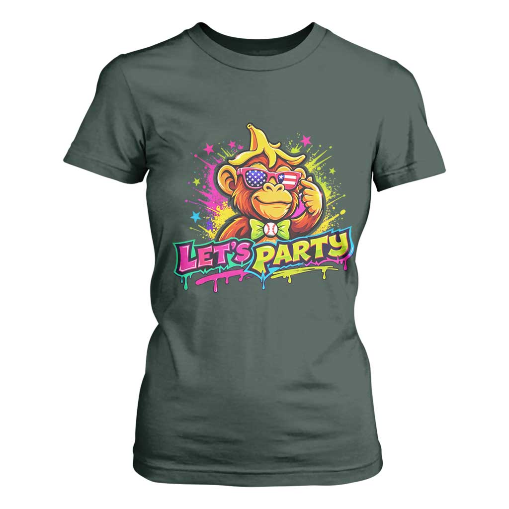 Lets Party Baseball Monkey Colorful Graphic T Shirt For Women American Flag Game Day Fans Ball Party Vibes TS02 Dark Forest Green Print Your Wear
