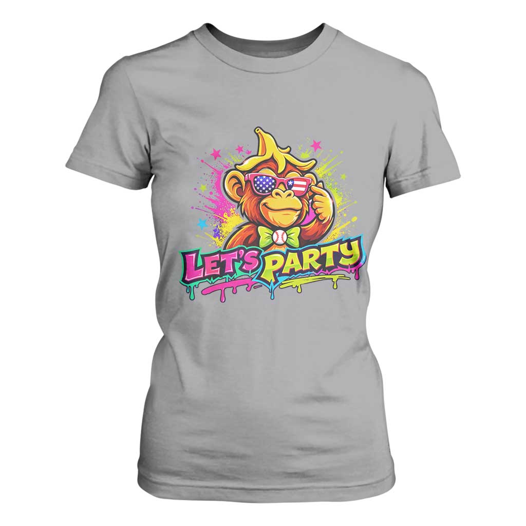 Lets Party Baseball Monkey Colorful Graphic T Shirt For Women American Flag Game Day Fans Ball Party Vibes TS02 Sport Gray Print Your Wear