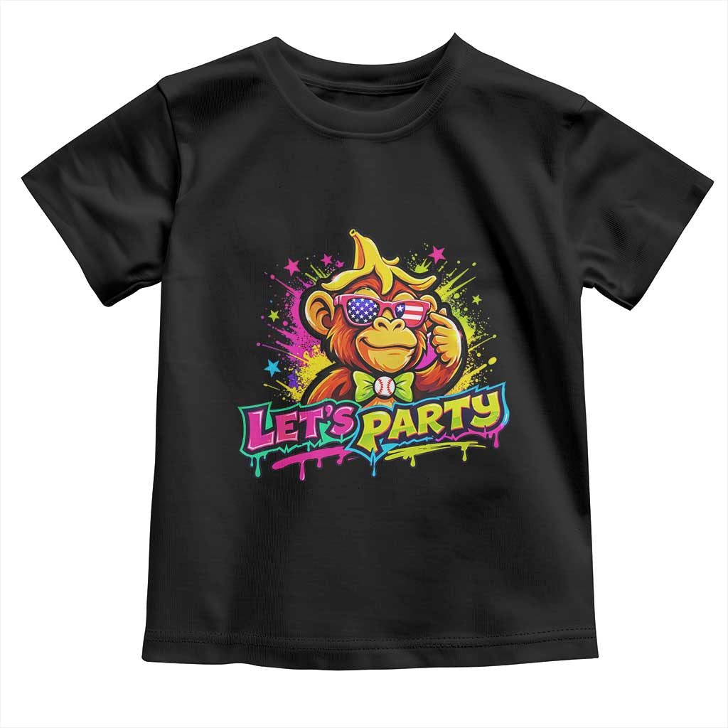 Lets Party Baseball Monkey Colorful Graphic Toddler T Shirt American Flag Game Day Fans Ball Party Vibes TS02 Black Print Your Wear