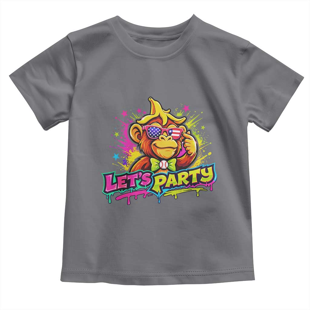 Lets Party Baseball Monkey Colorful Graphic Toddler T Shirt American Flag Game Day Fans Ball Party Vibes TS02 Charcoal Print Your Wear