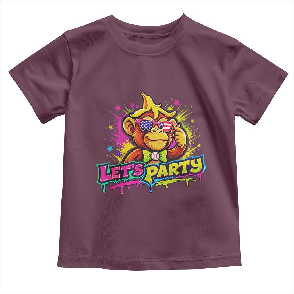 Lets Party Baseball Monkey Colorful Graphic Toddler T Shirt American Flag Game Day Fans Ball Party Vibes TS02 Maroon Print Your Wear