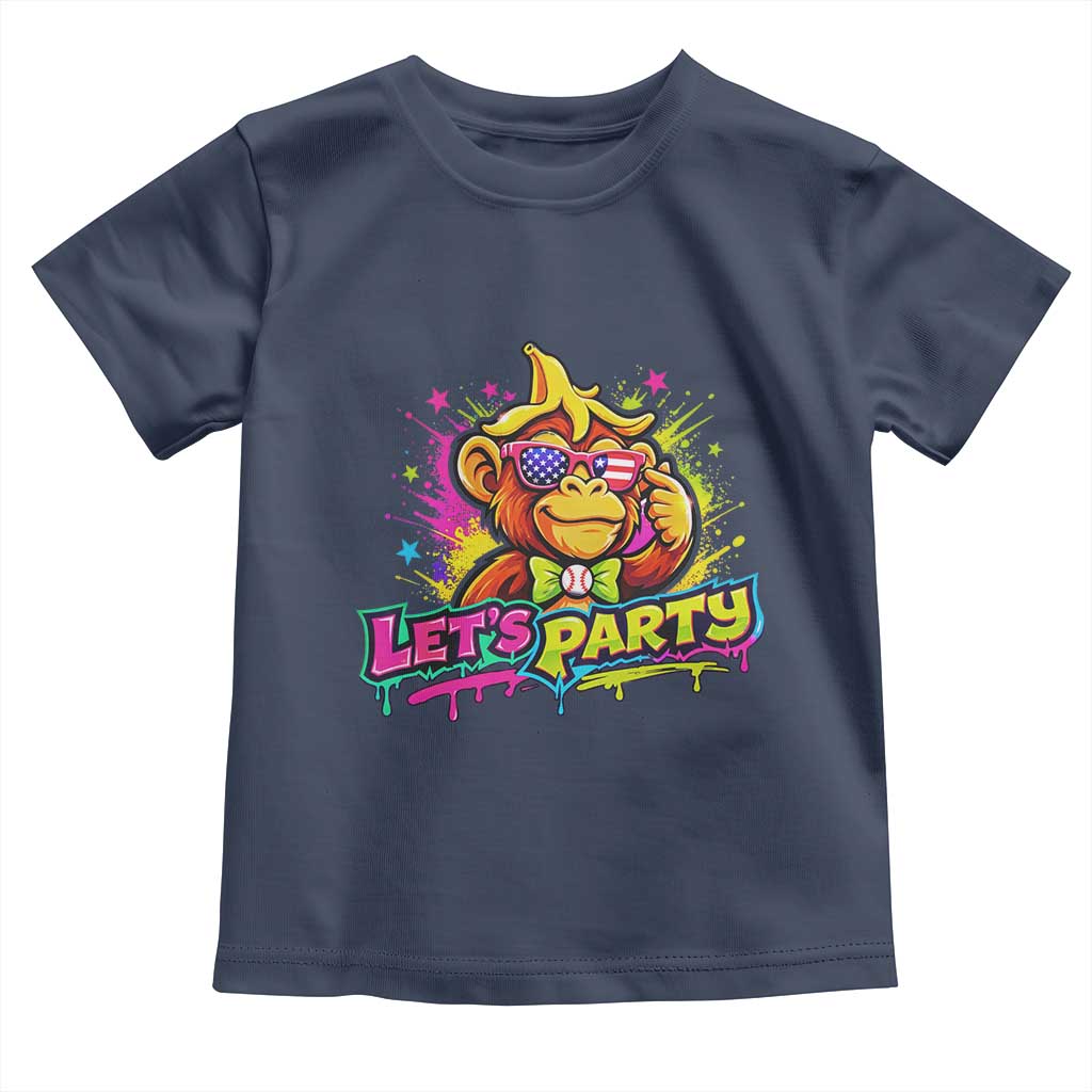 Lets Party Baseball Monkey Colorful Graphic Toddler T Shirt American Flag Game Day Fans Ball Party Vibes TS02 Navy Print Your Wear