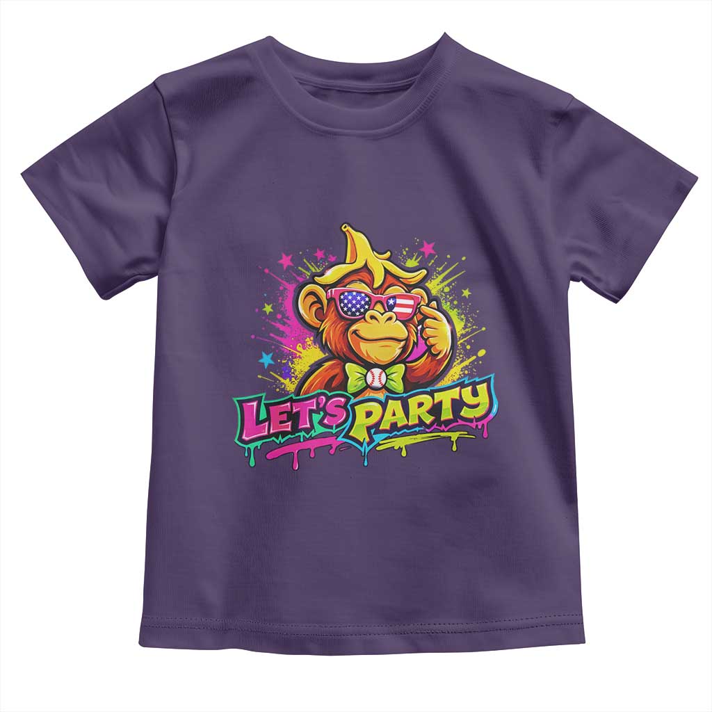Lets Party Baseball Monkey Colorful Graphic Toddler T Shirt American Flag Game Day Fans Ball Party Vibes TS02 Purple Print Your Wear