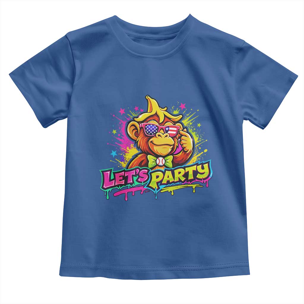 Lets Party Baseball Monkey Colorful Graphic Toddler T Shirt American Flag Game Day Fans Ball Party Vibes TS02 Royal Blue Print Your Wear