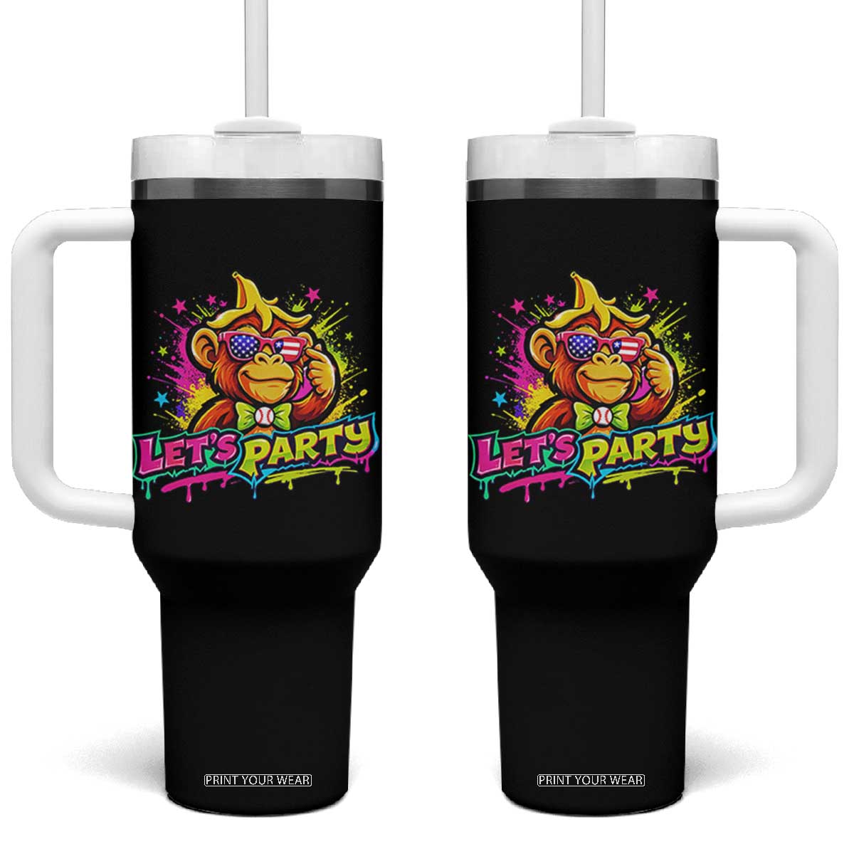 Lets Party Baseball Monkey Colorful Graphic Tumbler With Handle American Flag Game Day Fans Ball Party Vibes TS02 One Size: 40 oz Black Print Your Wear