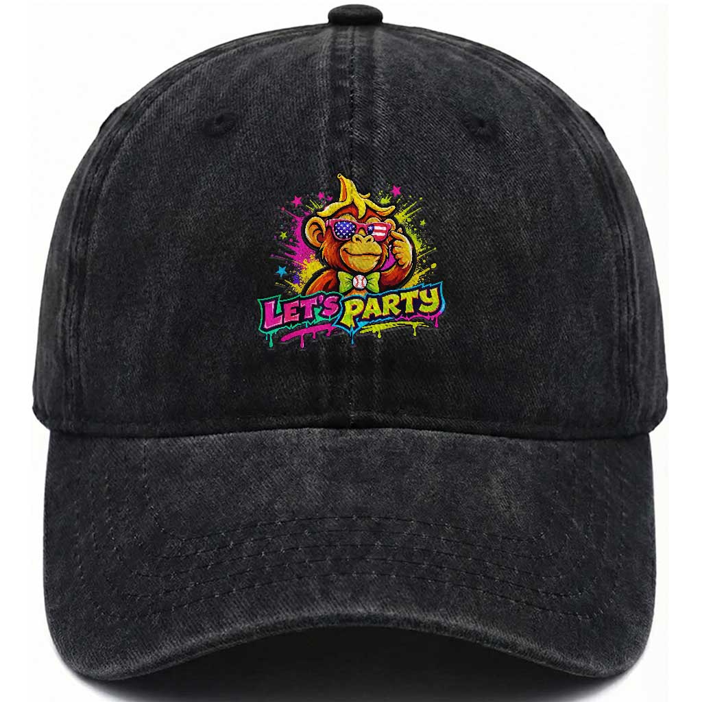 Lets Party Baseball Monkey Colorful Graphic Washed Cotton Baseball Cap American Flag Game Day Fans Ball Party Vibes TS02 Washed Cap Universal Fit Black Print Your Wear