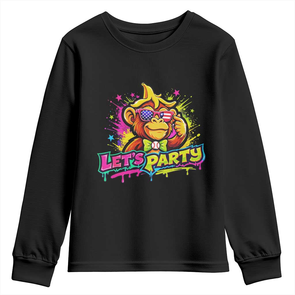 Lets Party Baseball Monkey Colorful Graphic Youth Sweatshirt American Flag Game Day Fans Ball Party Vibes TS02 Black Print Your Wear