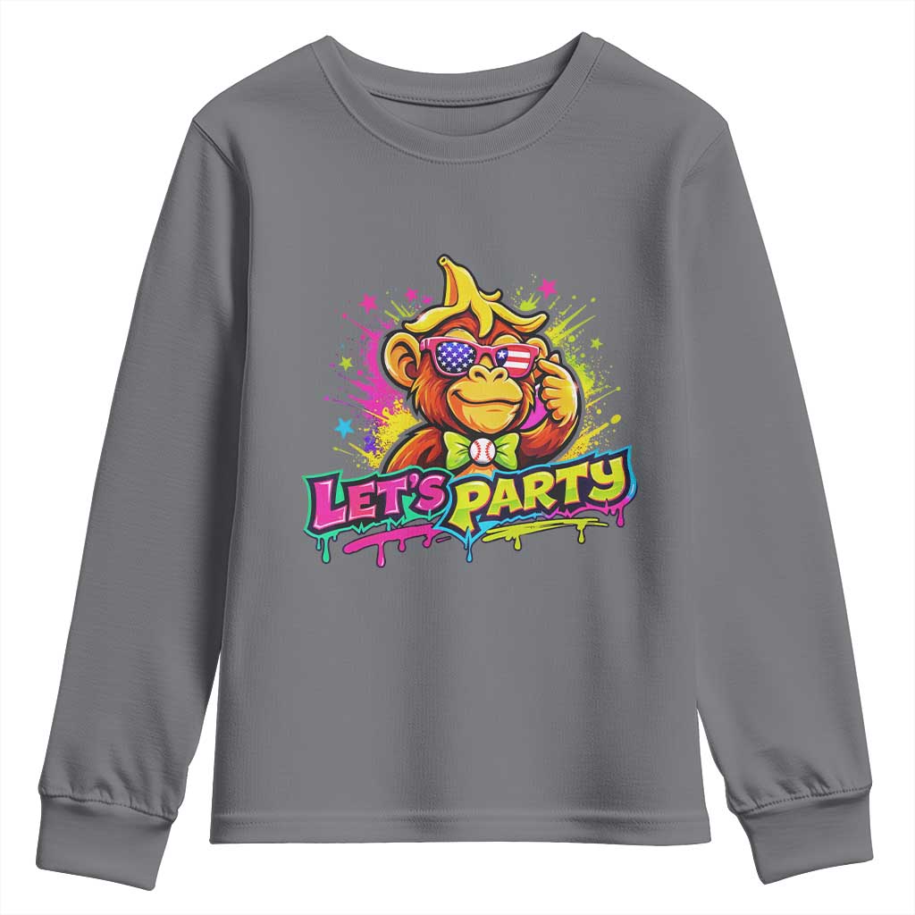 Lets Party Baseball Monkey Colorful Graphic Youth Sweatshirt American Flag Game Day Fans Ball Party Vibes TS02 Charcoal Print Your Wear