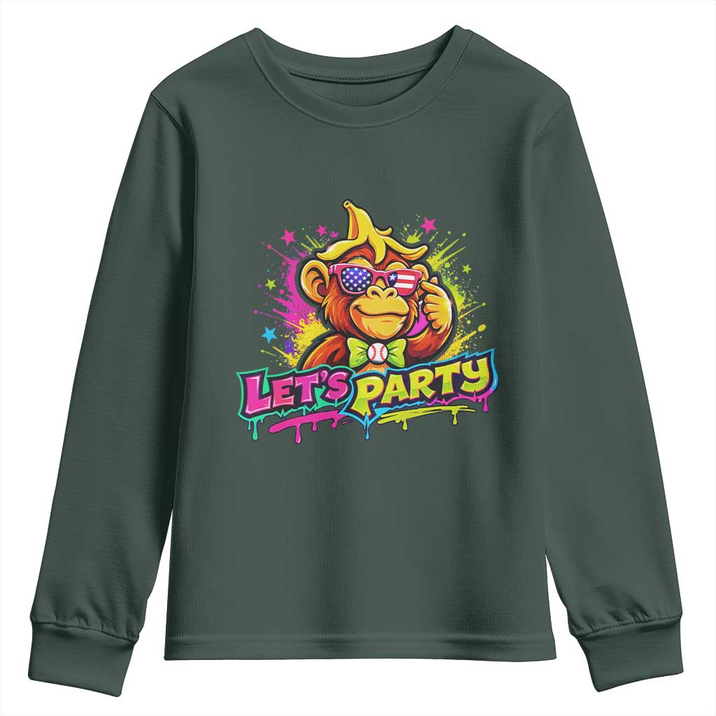 Lets Party Baseball Monkey Colorful Graphic Youth Sweatshirt American Flag Game Day Fans Ball Party Vibes TS02 Dark Forest Green Print Your Wear
