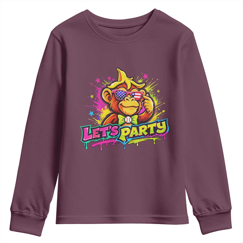 Lets Party Baseball Monkey Colorful Graphic Youth Sweatshirt American Flag Game Day Fans Ball Party Vibes TS02 Maroon Print Your Wear