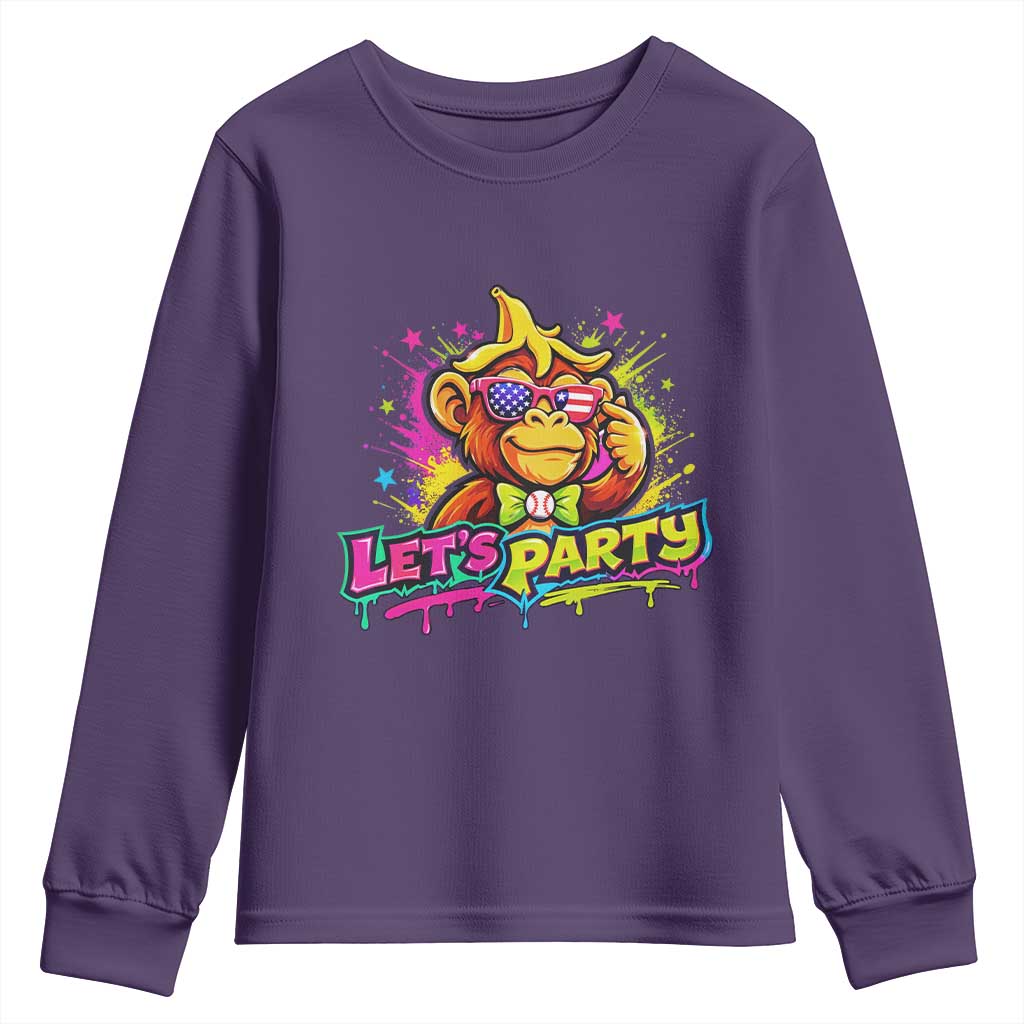 Lets Party Baseball Monkey Colorful Graphic Youth Sweatshirt American Flag Game Day Fans Ball Party Vibes TS02 Purple Print Your Wear