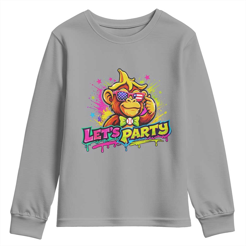 Lets Party Baseball Monkey Colorful Graphic Youth Sweatshirt American Flag Game Day Fans Ball Party Vibes TS02 Sport Gray Print Your Wear