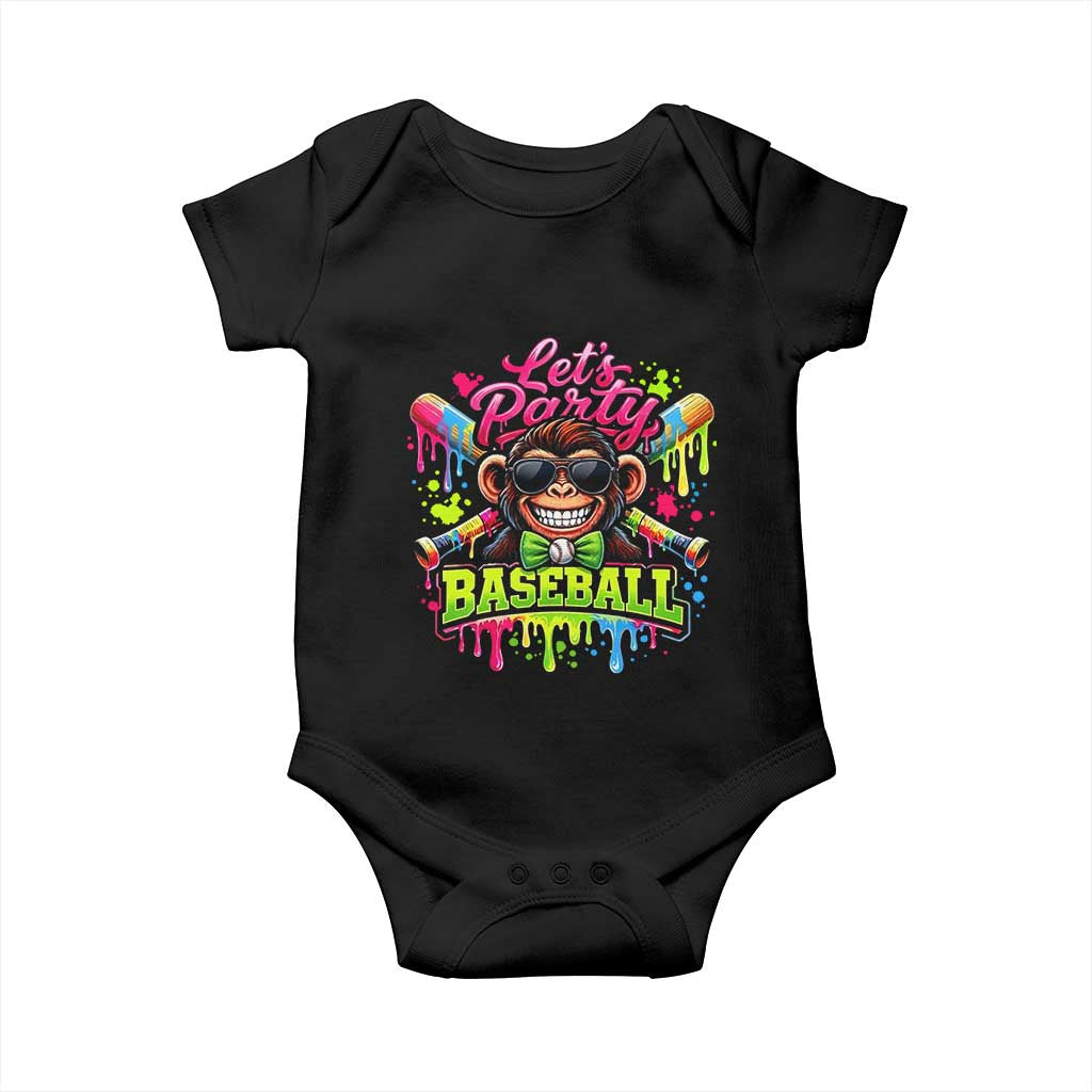 Lets Party Baseball Monkey Neon Dripping Graphic Baby Onesie Funny Ball Party Game Day Fans TS02 Black Print Your Wear