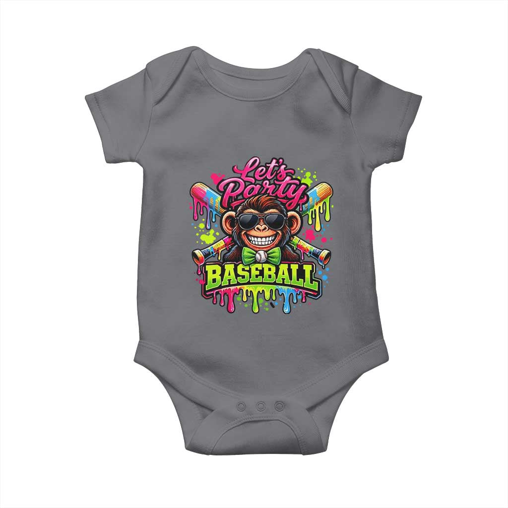 Lets Party Baseball Monkey Neon Dripping Graphic Baby Onesie Funny Ball Party Game Day Fans TS02 Charcoal Print Your Wear