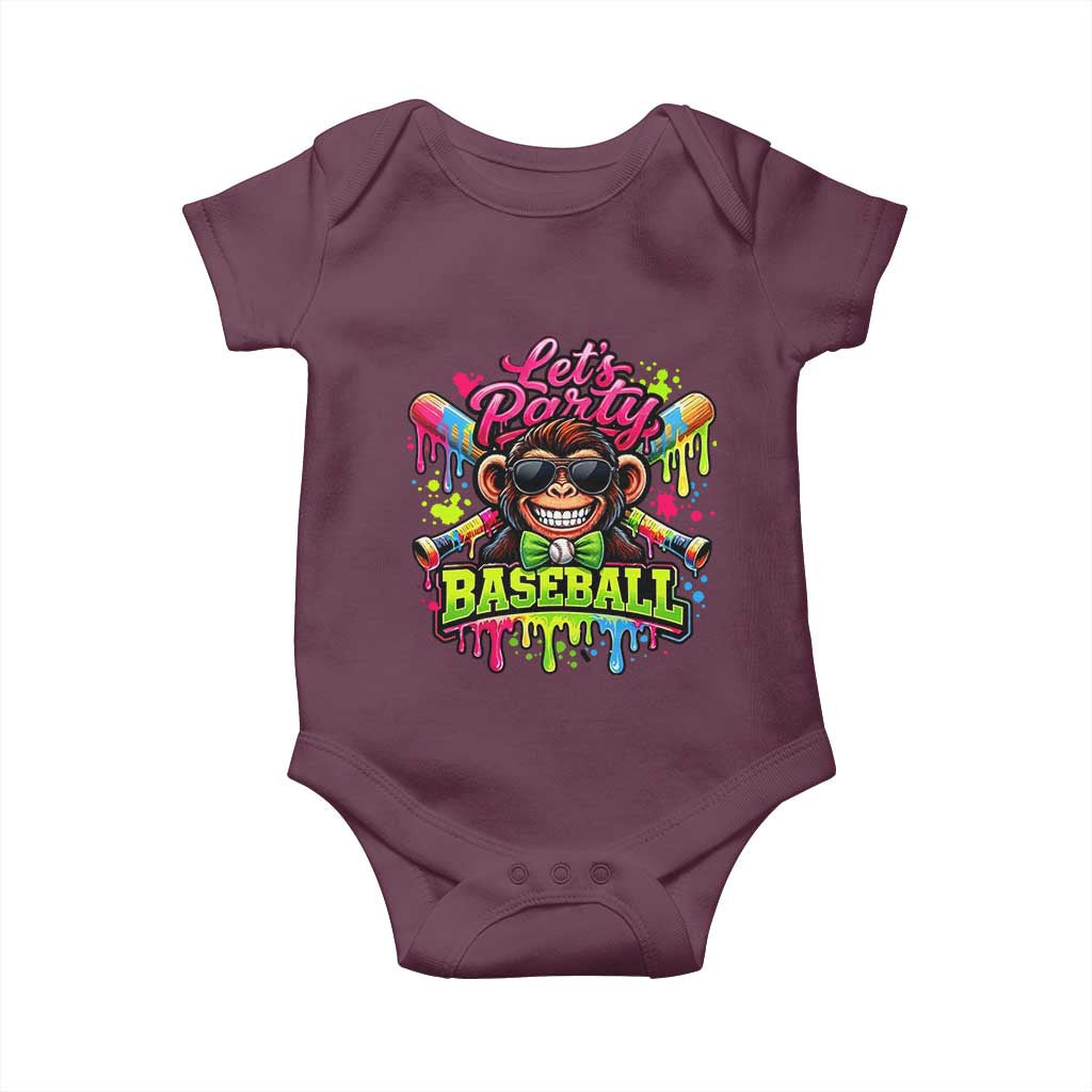 Lets Party Baseball Monkey Neon Dripping Graphic Baby Onesie Funny Ball Party Game Day Fans TS02 Maroon Print Your Wear