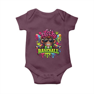 Lets Party Baseball Monkey Neon Dripping Graphic Baby Onesie Funny Ball Party Game Day Fans TS02 Maroon Print Your Wear