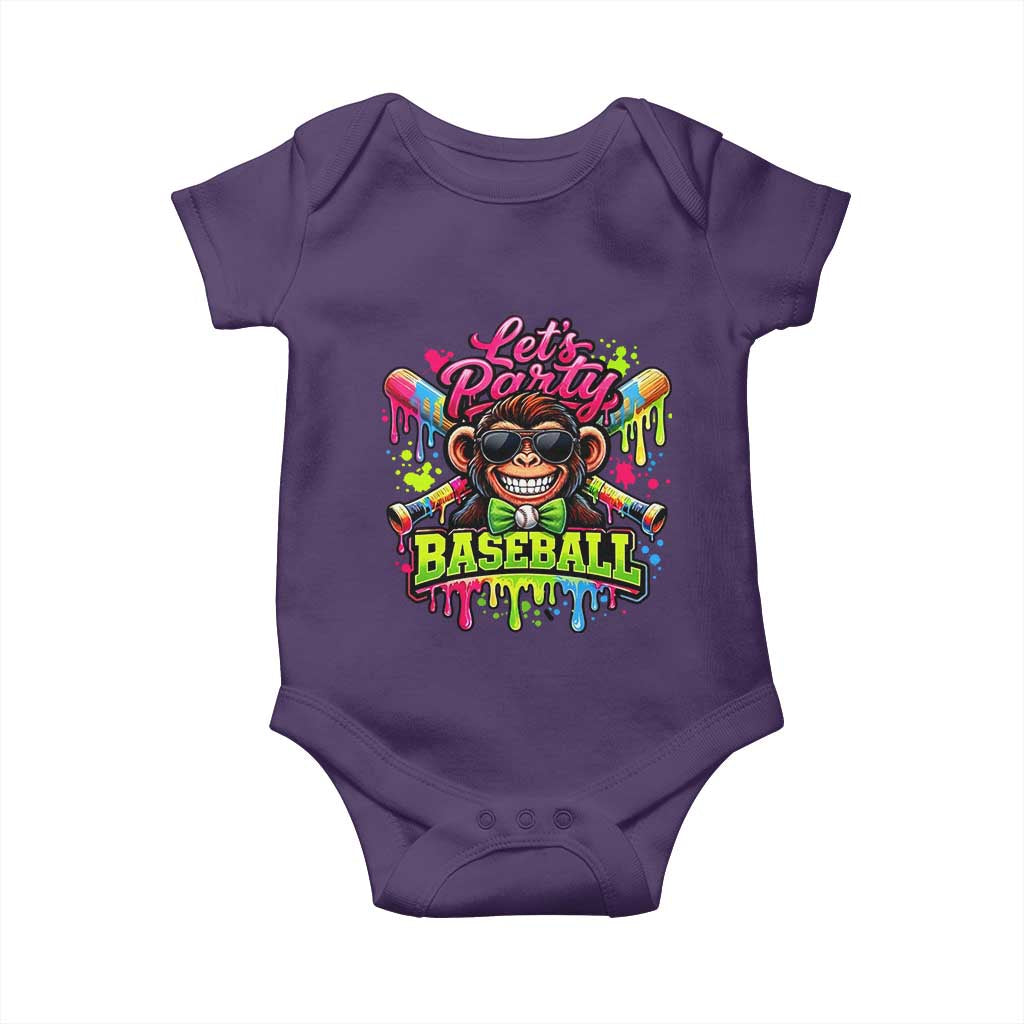 Lets Party Baseball Monkey Neon Dripping Graphic Baby Onesie Funny Ball Party Game Day Fans TS02 Purple Print Your Wear