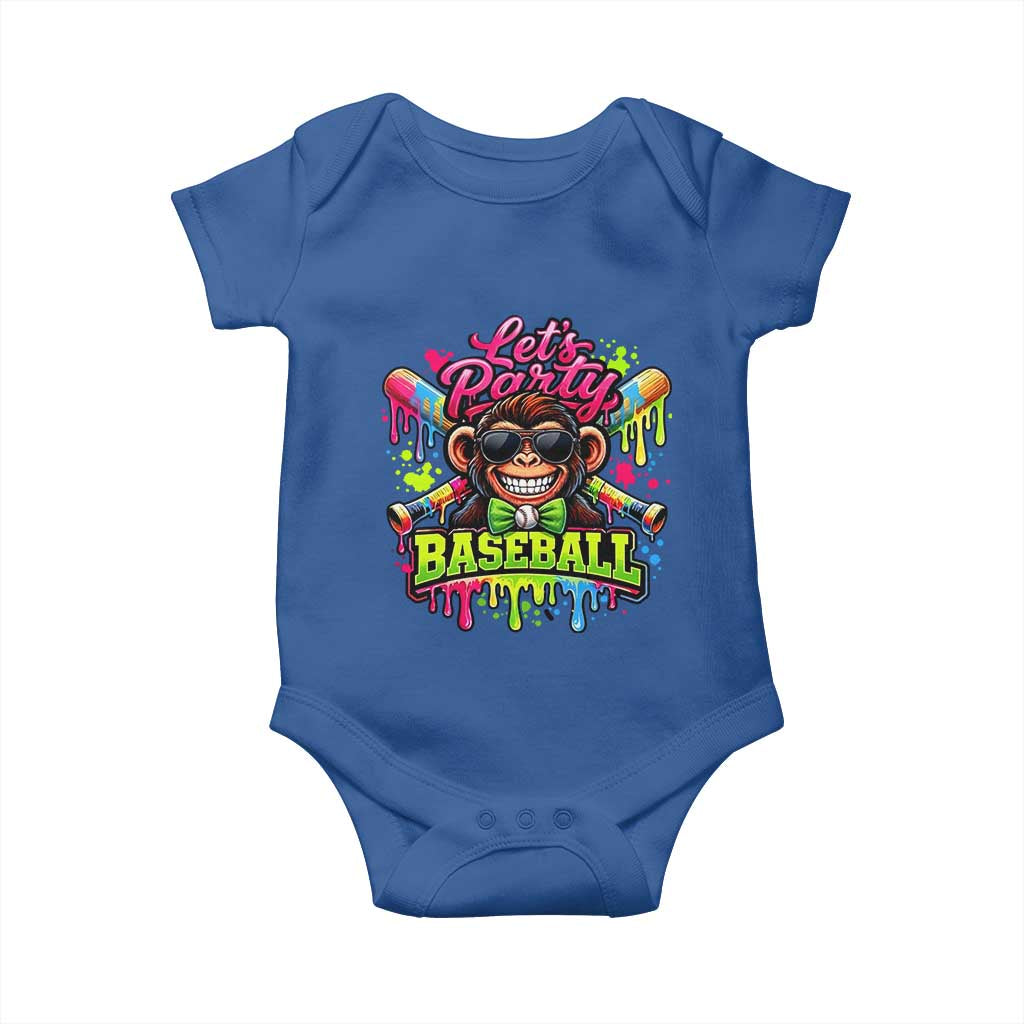 Lets Party Baseball Monkey Neon Dripping Graphic Baby Onesie Funny Ball Party Game Day Fans TS02 Royal Blue Print Your Wear