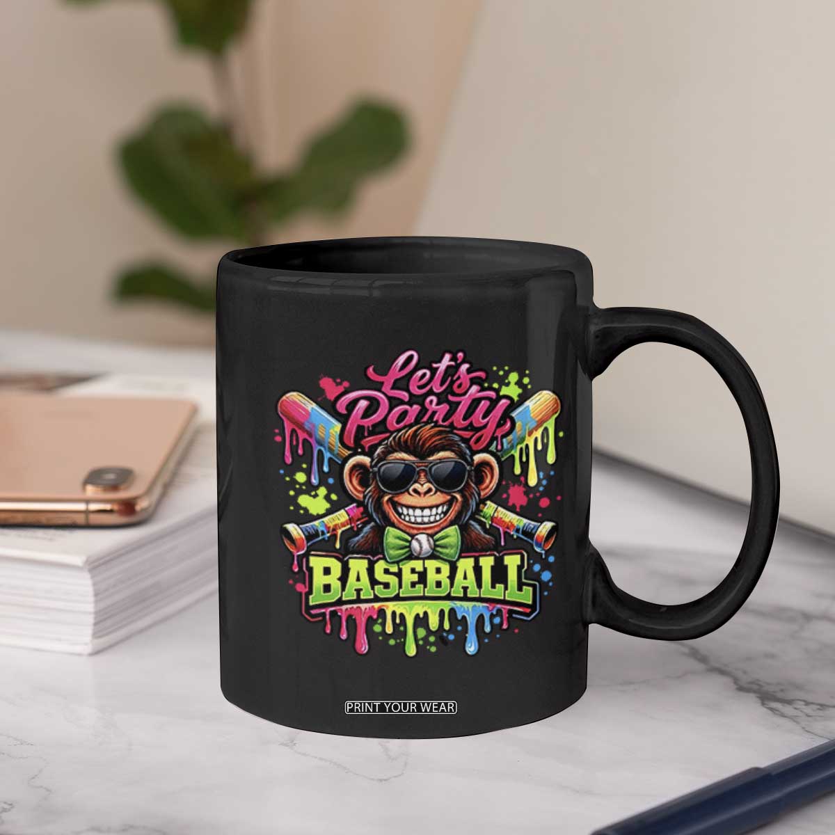 Lets Party Baseball Monkey Neon Dripping Graphic Coffee Mug Funny Ball Party Game Day Fans TS02 Print Your Wear