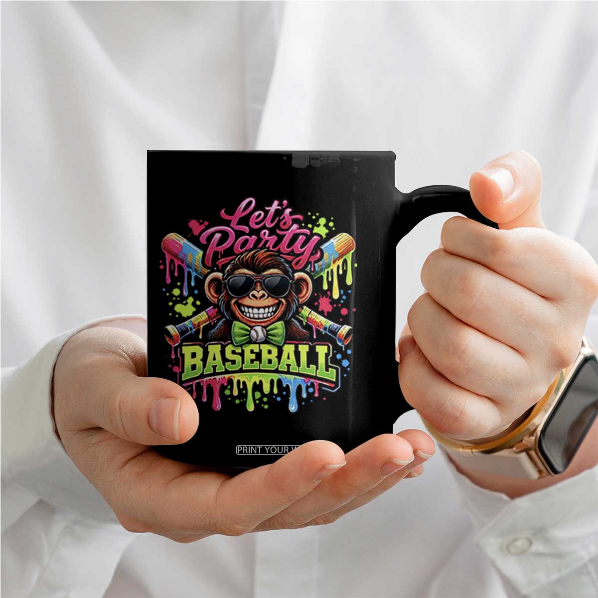 Lets Party Baseball Monkey Neon Dripping Graphic Coffee Mug Funny Ball Party Game Day Fans TS02 Print Your Wear
