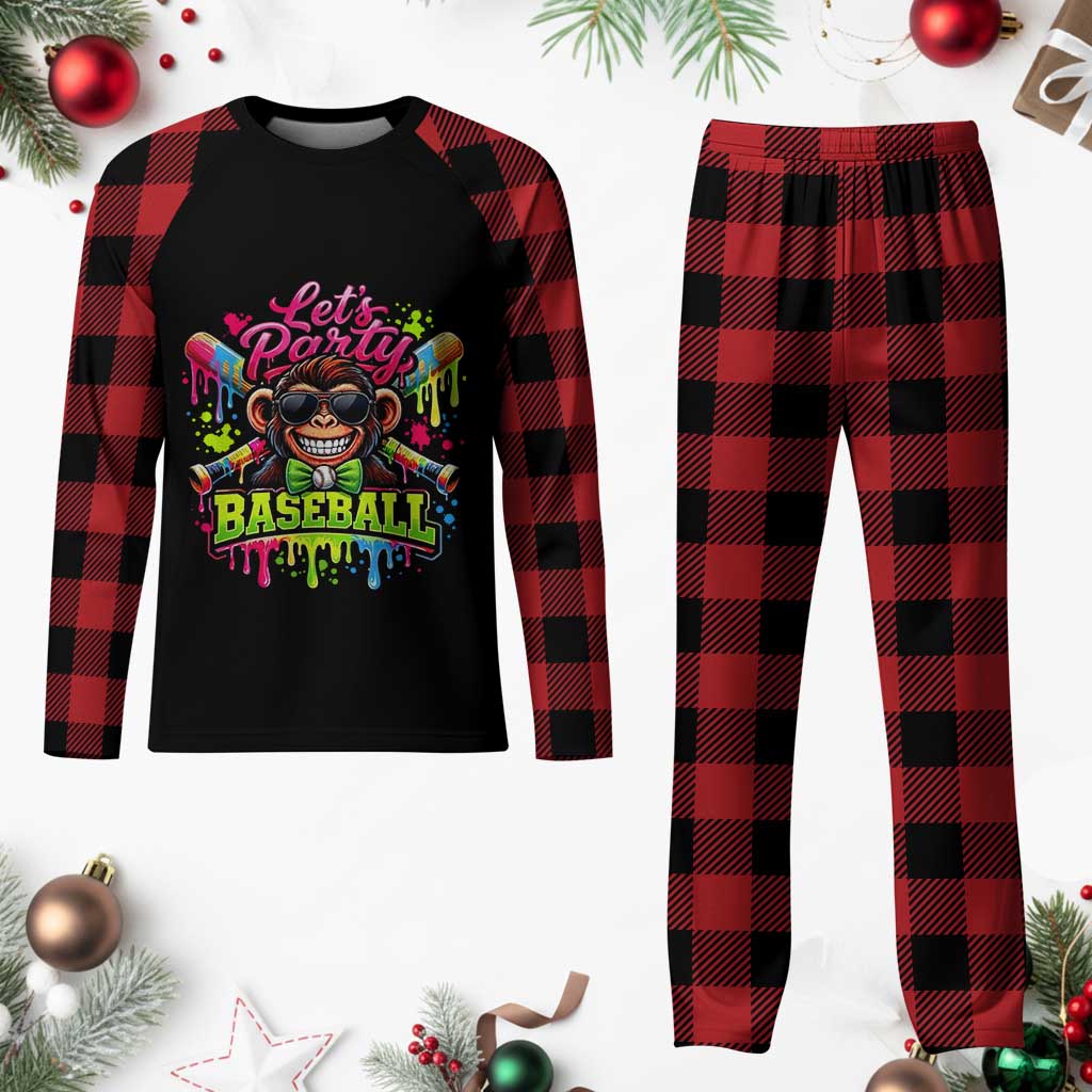 Lets Party Baseball Monkey Neon Dripping Graphic Plaid Pajama Set Funny Ball Party Game Day Fans TS02 Buffalo Plaid Print Your Wear
