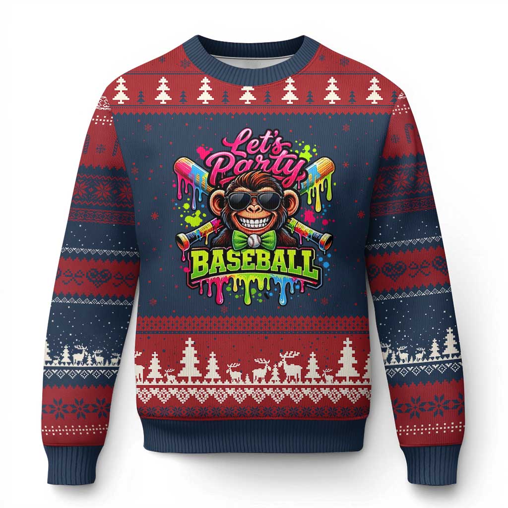 Lets Party Baseball Monkey Neon Dripping Graphic Ugly Christmas Sweater Funny Ball Party Game Day Fans TS02 Navy Red Print Your Wear