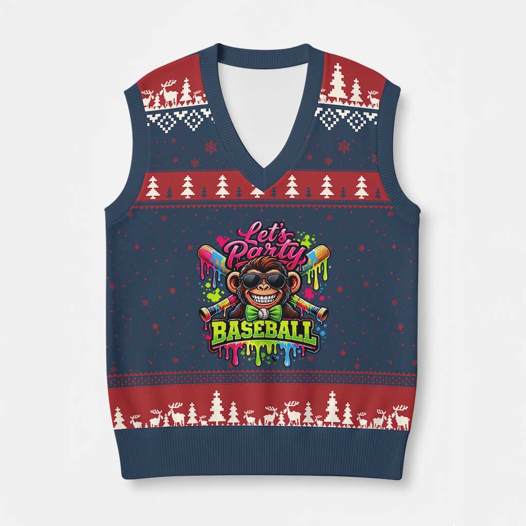 Lets Party Baseball Monkey Neon Dripping Graphic V-Neck Knit Sweater Vest Funny Ball Party Game Day Fans TS02 Navy Red Print Your Wear