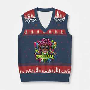 Lets Party Baseball Monkey Neon Dripping Graphic V-Neck Knit Sweater Vest Funny Ball Party Game Day Fans TS02 Navy Red Print Your Wear