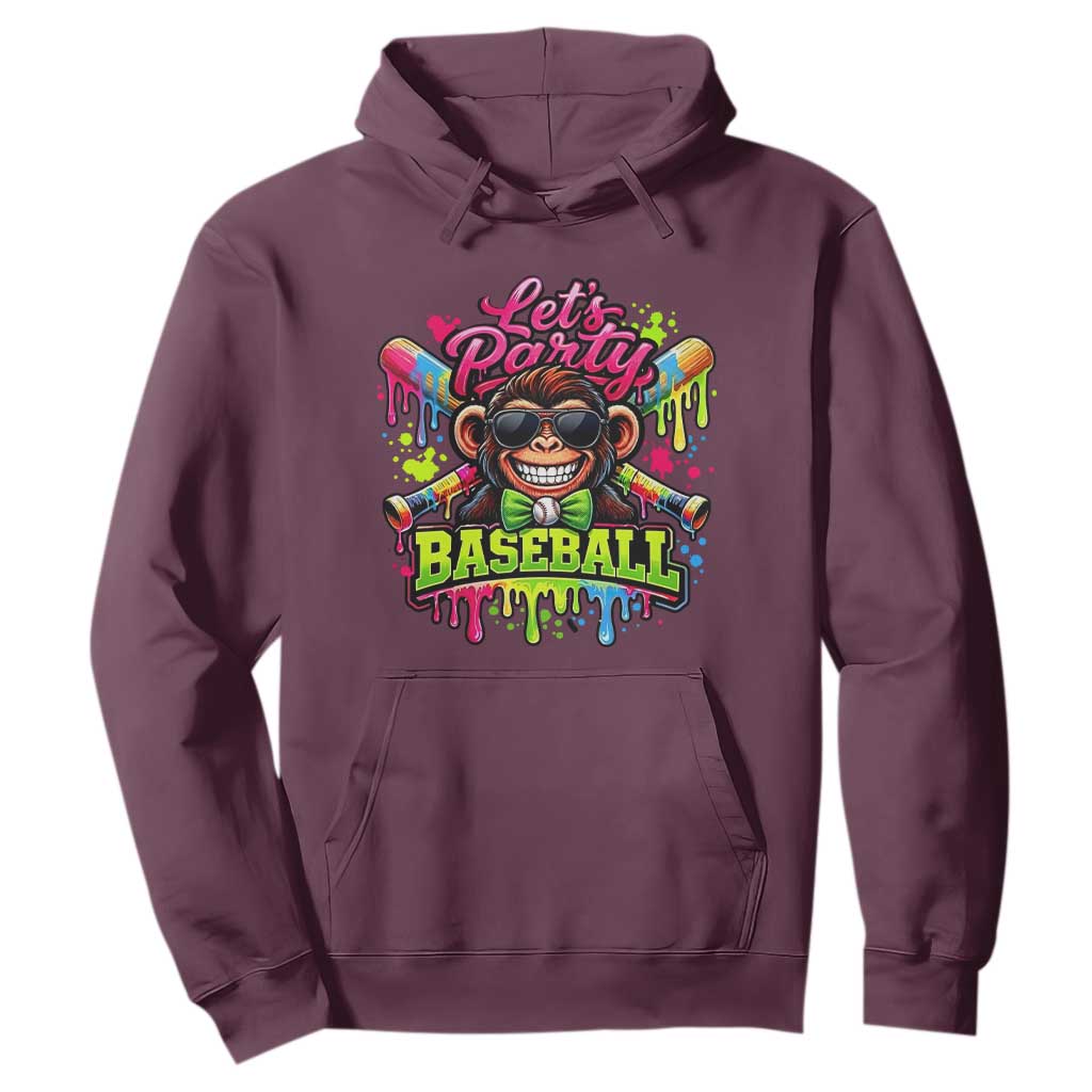 Lets Party Baseball Monkey Neon Dripping Graphic Hoodie Funny Ball Party Game Day Fans TS02 Maroon Print Your Wear