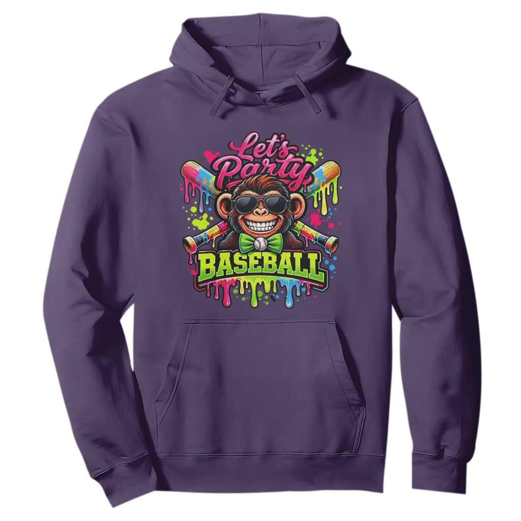 Lets Party Baseball Monkey Neon Dripping Graphic Hoodie Funny Ball Party Game Day Fans TS02 Purple Print Your Wear