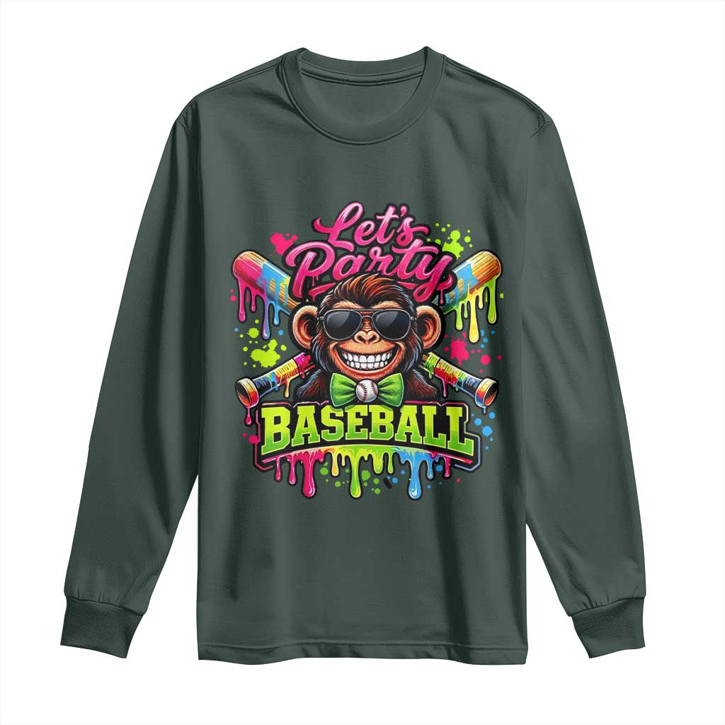 Lets Party Baseball Monkey Neon Dripping Graphic Long Sleeve Shirt Funny Ball Party Game Day Fans TS02 Dark Forest Green Print Your Wear