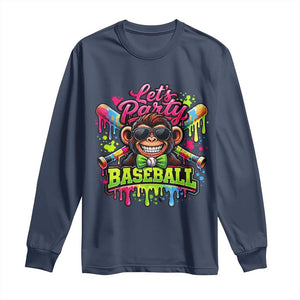 Lets Party Baseball Monkey Neon Dripping Graphic Long Sleeve Shirt Funny Ball Party Game Day Fans TS02 Navy Print Your Wear