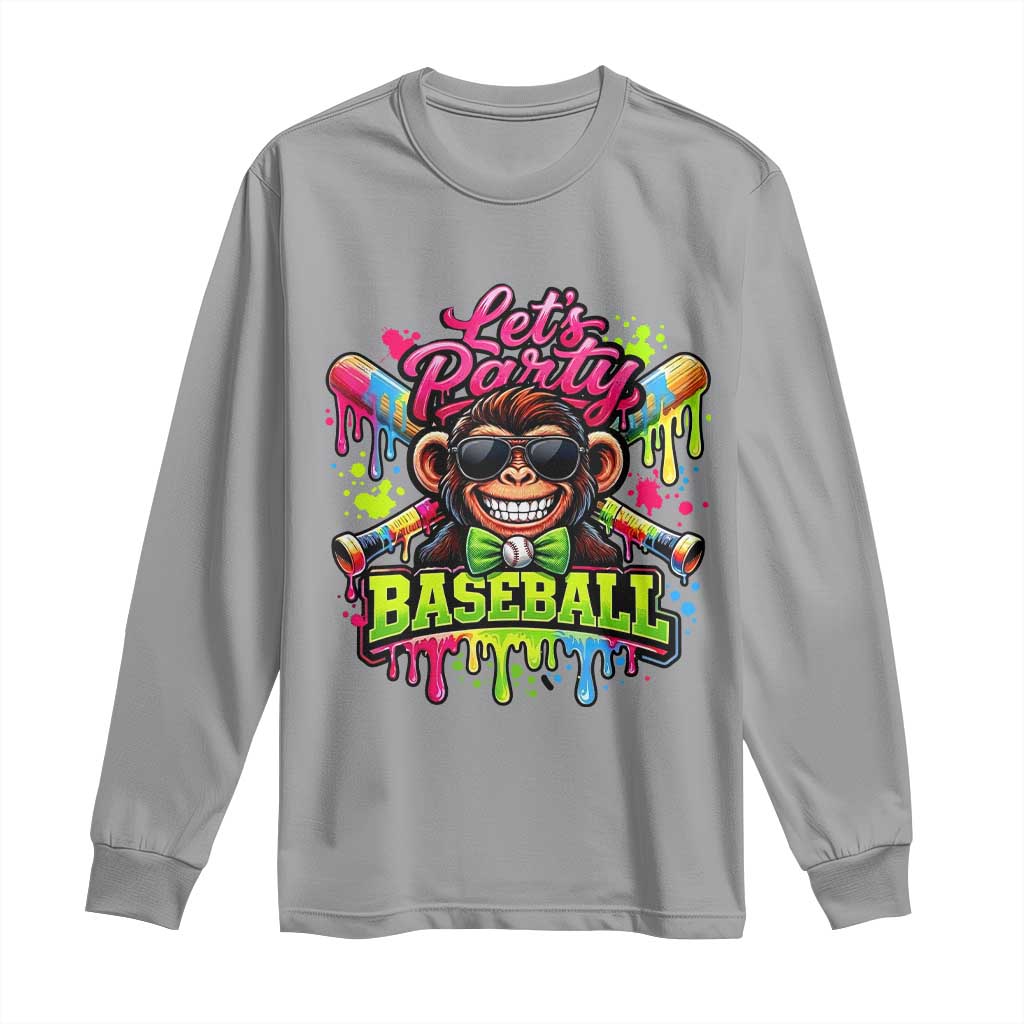 Lets Party Baseball Monkey Neon Dripping Graphic Long Sleeve Shirt Funny Ball Party Game Day Fans TS02 Sport Gray Print Your Wear