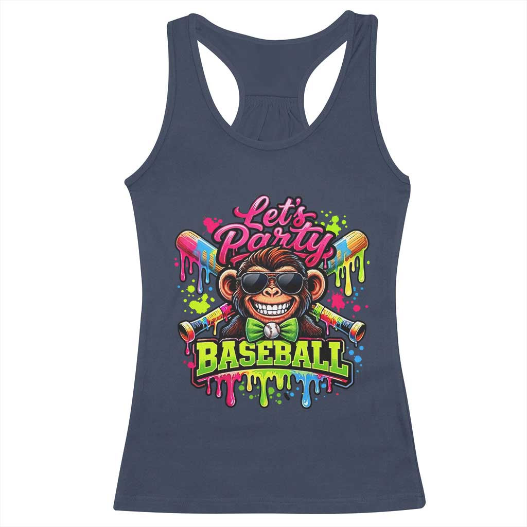 Lets Party Baseball Monkey Neon Dripping Graphic Racerback Tank Top Funny Ball Party Game Day Fans TS02 Navy Print Your Wear