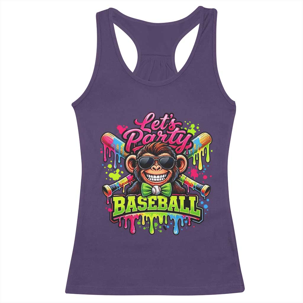 Lets Party Baseball Monkey Neon Dripping Graphic Racerback Tank Top Funny Ball Party Game Day Fans TS02 Purple Print Your Wear
