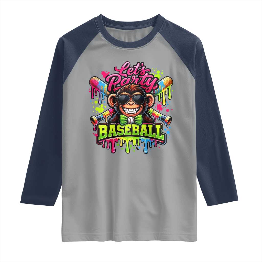 Lets Party Baseball Monkey Neon Dripping Graphic Raglan Shirt Funny Ball Party Game Day Fans TS02 Sport Gray Navy Print Your Wear