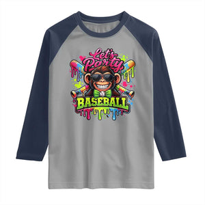 Lets Party Baseball Monkey Neon Dripping Graphic Raglan Shirt Funny Ball Party Game Day Fans TS02 Sport Gray Navy Print Your Wear